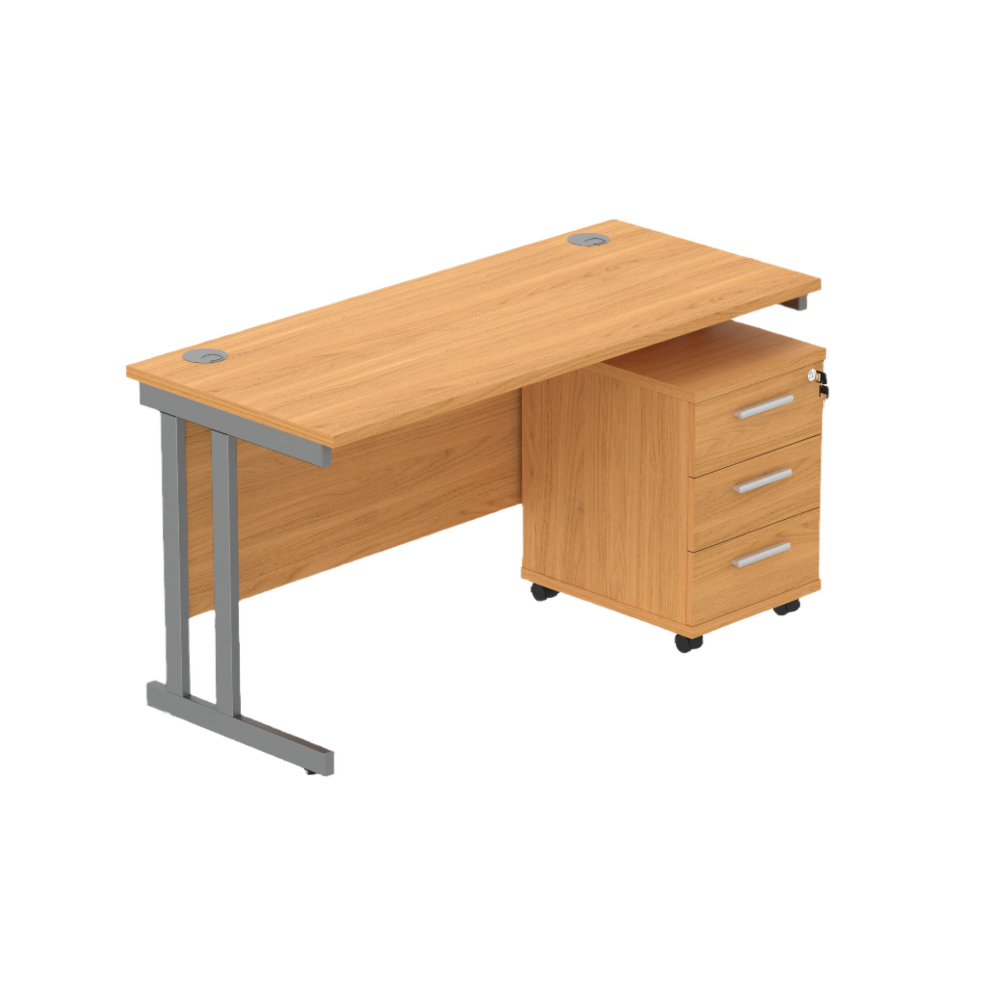 Double Upright Rectangular Desk + 3 Drawer Mobile Under Desk Pedestal (FSC) | 1400X600 | Norwegian Beech/Graphite