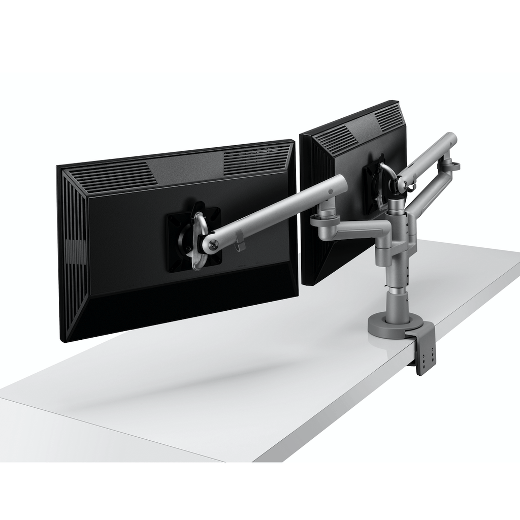 Colebrook Bosson Saunders Flo Dual Monitor Arm with Wishbone Post and Desk Clamp - e-furniture